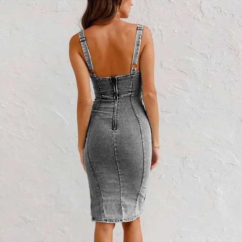 💕HOT SALE 49% OFF 💕 Adjustable strap U-neck split denim bodycon cami dress