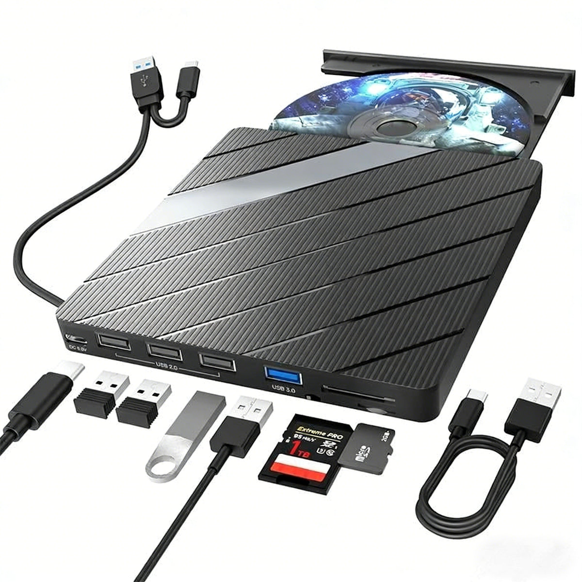 Laptop DVD Player USB C 3.0 Portable CD Burner with SD/TF Card Slot & 3 USB Ports Compatible with Mac, Windows, Linux