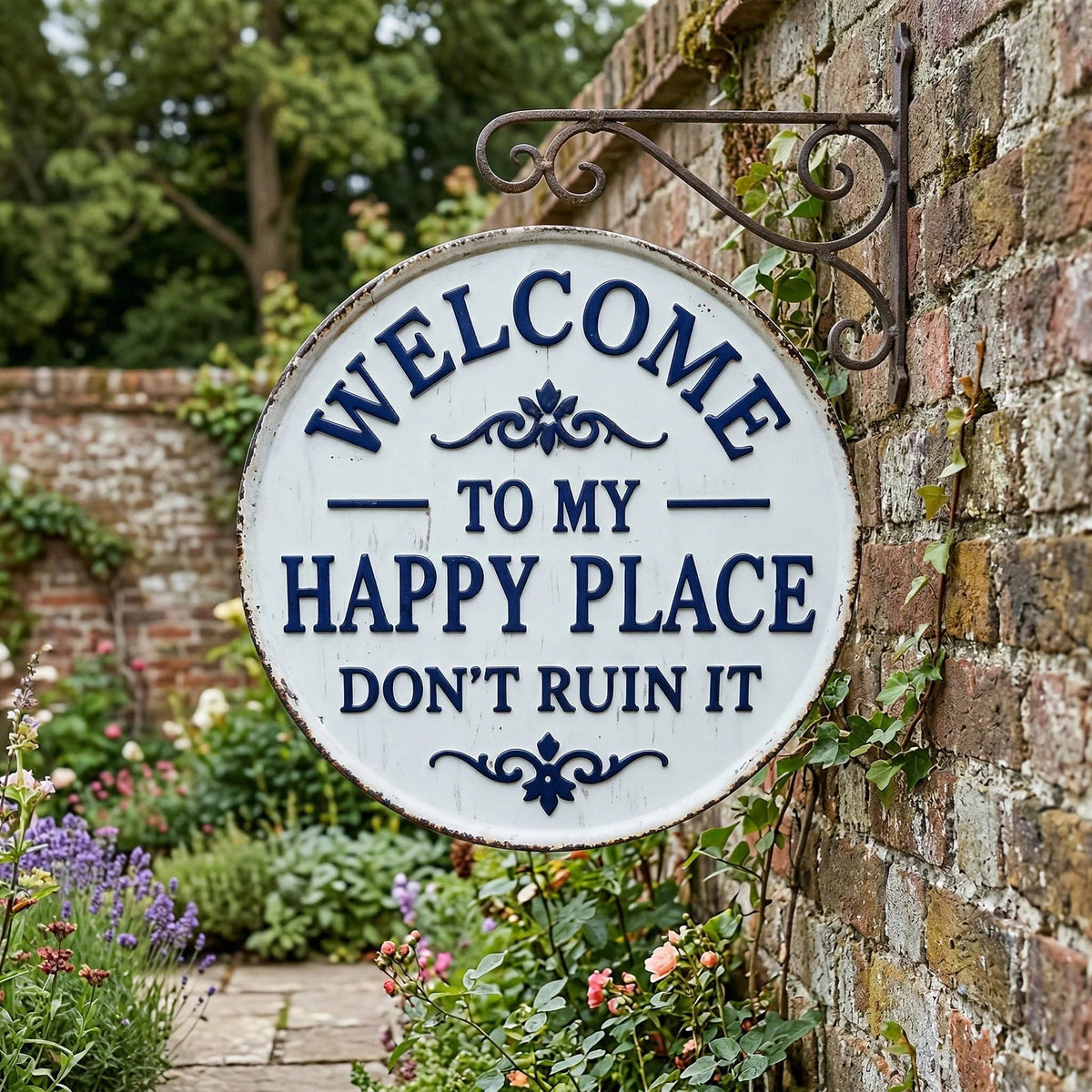 Vintage Round Metal Sign â âWelcome to My Happy Place Donât Ruin Itâ Garden Wall Decor