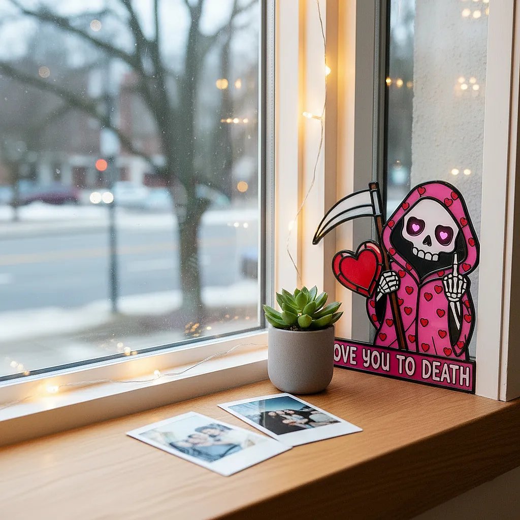 "Love You To Death" Grim Reaper Window Corner Suncatcher | Pastel Goth Valentine's Decor