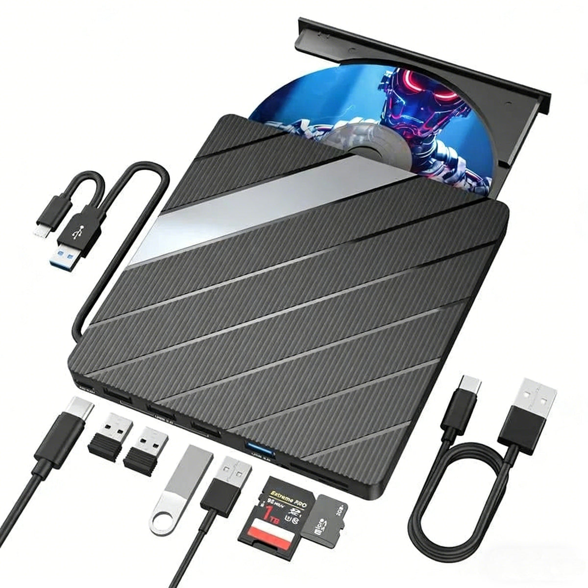 Laptop DVD Player USB C 3.0 Portable CD Burner with SD/TF Card Slot & 3 USB Ports Compatible with Mac, Windows, Linux