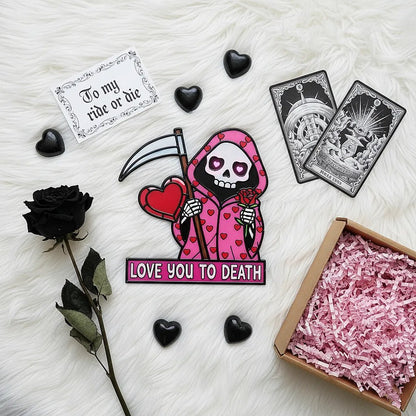 "Love You To Death" Grim Reaper Window Corner Suncatcher | Pastel Goth Valentine's Decor