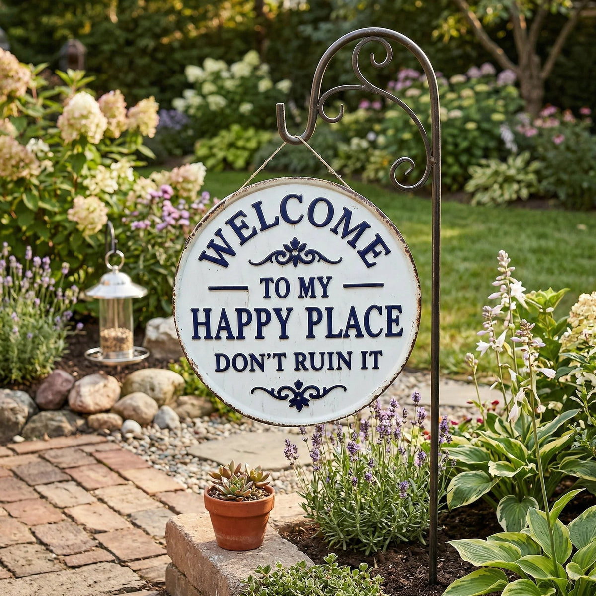 Vintage Round Metal Sign – “Welcome to My Happy Place Don’t Ruin It” Garden Wall Decor