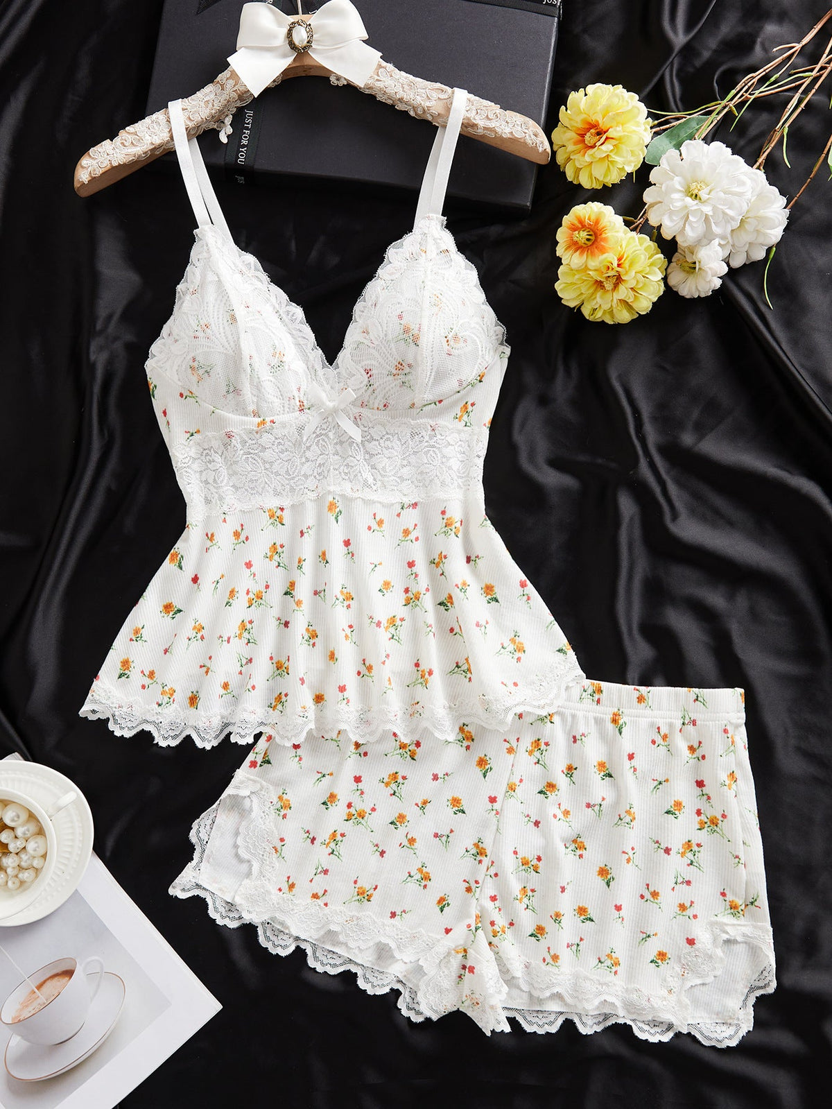 💃Womens Lingerie Set Pjs and Panty Set Camisole Set Modal Floral Fabric Lace sleep sets