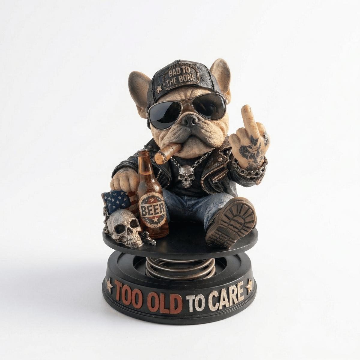 "Too Old To Care" Hardcore Frenchie Dashboard Bobblehead😎 - Rebellious Middle Finger Bulldog Car Decor