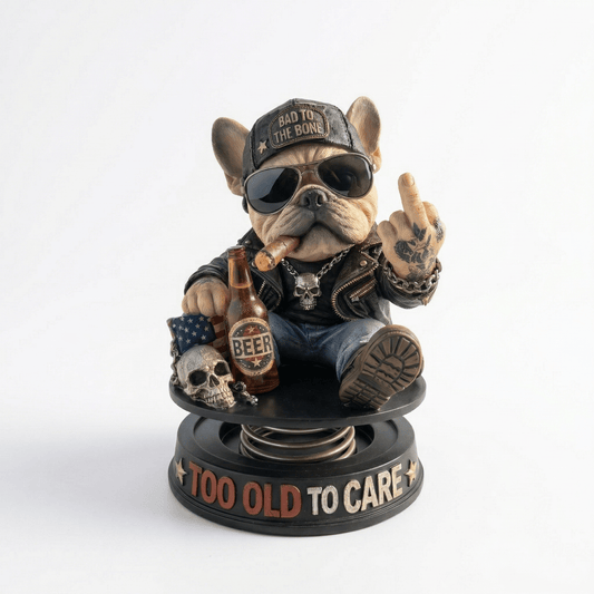 "Too Old To Care" Hardcore Frenchie Dashboard Bobblehead😎 - Rebellious Middle Finger Bulldog Car Decor