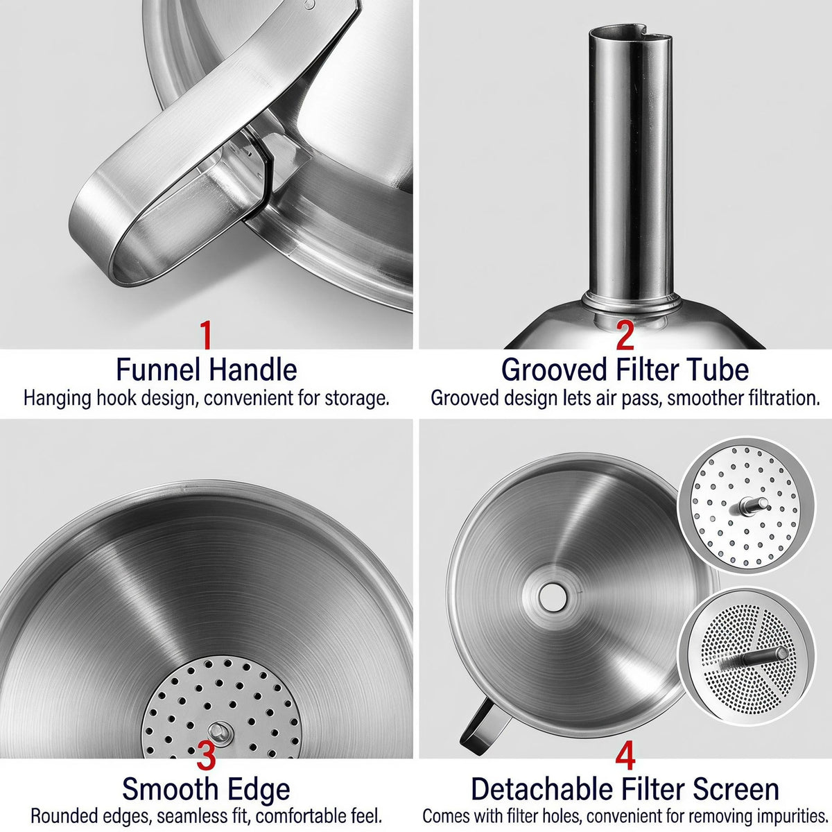 🔥Hot Sale 304 Stainless Steel Funnel with Filter Mesh – Kitchen Food Grade Metal Funnel for Oil, Alcohol, Jam & Spice Filling 🥄