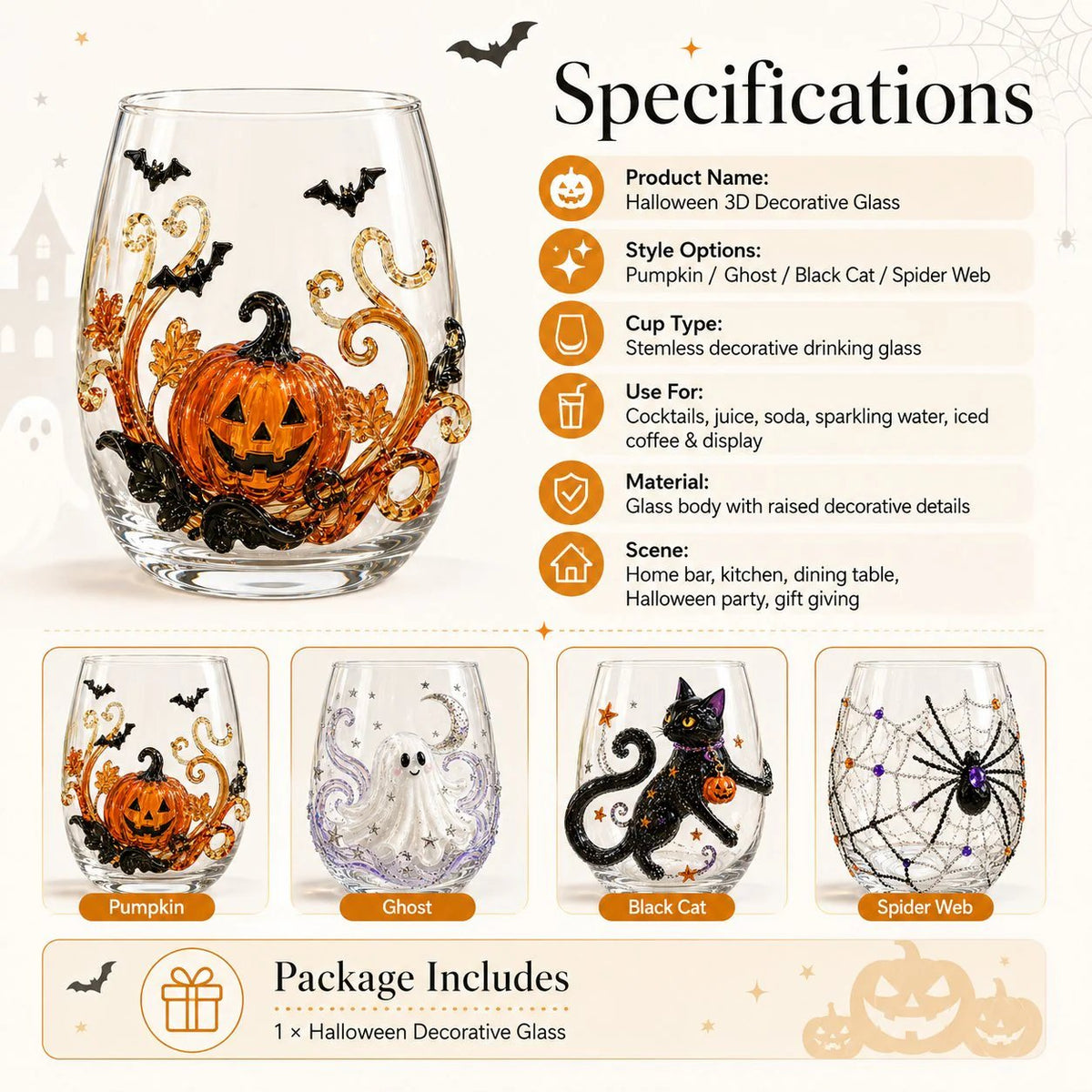 🔥LAST DAY 49% OFF - 🎃 3D Halloween Artisan Glass Cups, Festive Parties & Cozy Fall Home Bar Vibes