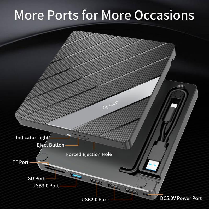 Laptop DVD Player USB C 3.0 Portable CD Burner with SD/TF Card Slot & 3 USB Ports Compatible with Mac, Windows, Linux
