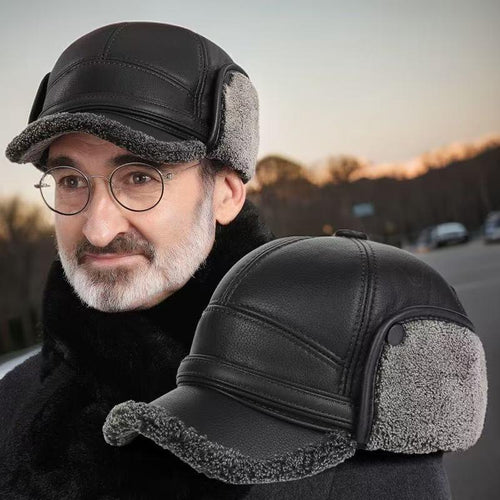 🧢🐂New Men's Winter Hat with Sheepskin Flat Top Earmuffs